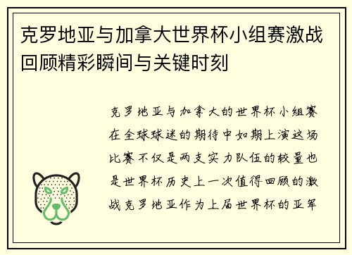 克罗地亚与加拿大世界杯小组赛激战回顾精彩瞬间与关键时刻