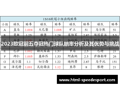 2023欧冠前五夺冠热门球队赔率分析及其优势与挑战