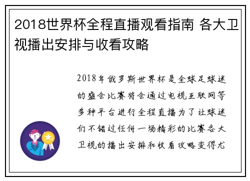 2018世界杯全程直播观看指南 各大卫视播出安排与收看攻略